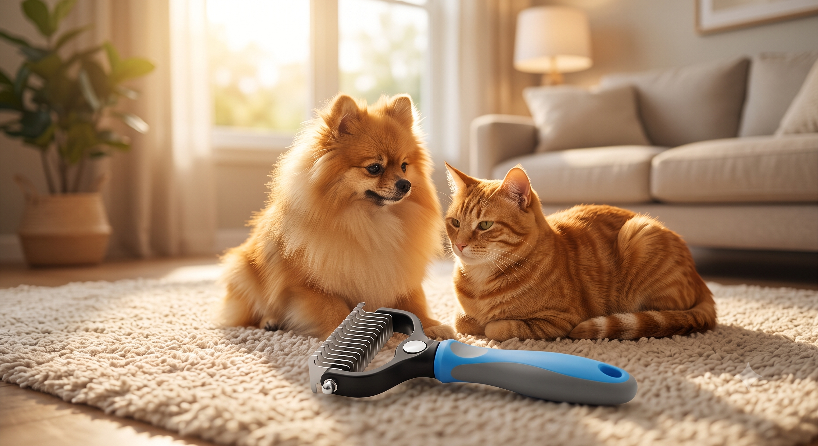 Dog and cat sitting next to the blue grooming brush on a rug at home
