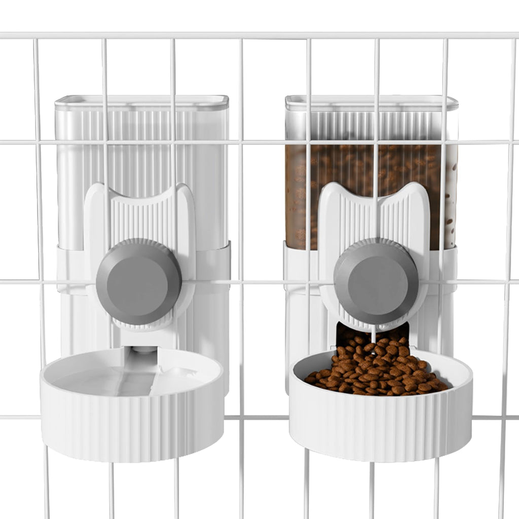 Hanging Cage Automatic Small Pet Food Bowl Water Bottle Dispenser 1L Auto Gravity Pet Feeder and Waterer Set Kennel Feeding Station Crate Feeder Dish for Rabbit Puppy Cats Ferret (Grey)