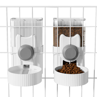 Hanging Cage Automatic Small Pet Food Bowl Water Bottle Dispenser 1L Auto Gravity Pet Feeder and Waterer Set Kennel Feeding Station Crate Feeder Dish for Rabbit Puppy Cats Ferret (Grey)
