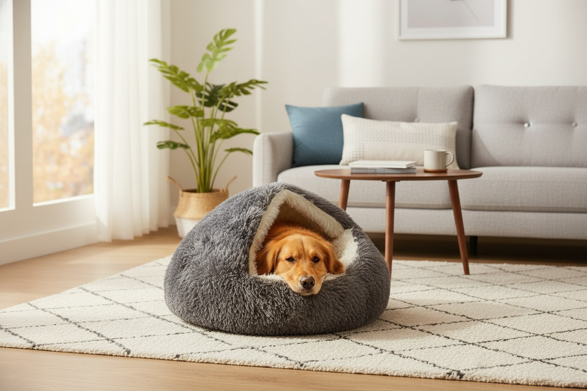 A happy golden retriever dog is comfortably nestled in a plush, cave-like pet bed in a modern living room with warm lighting.